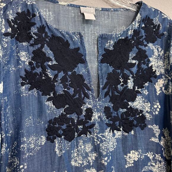 Chico's Kurta Tunic Embellished Tencel Denim Size 2 US 12 Blue White - Picture 4 of 15